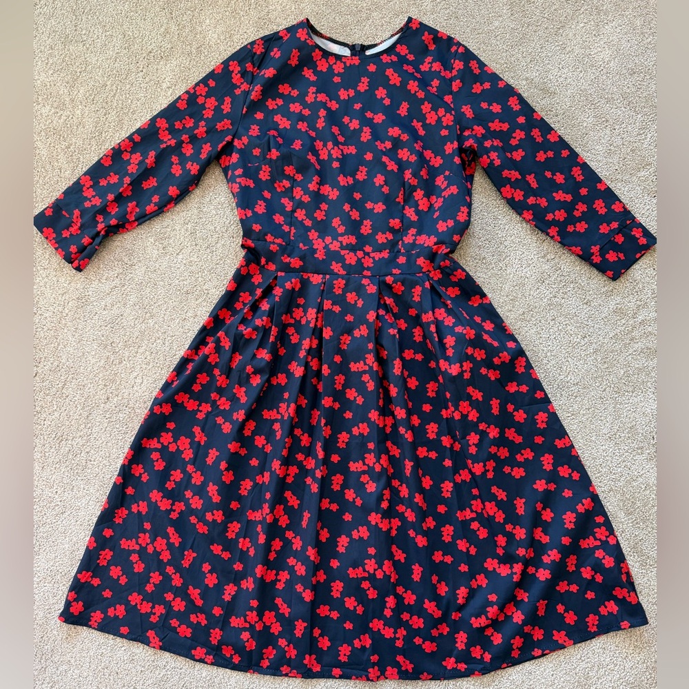 Navy Red Floral Fit & Flare Dress 3/4 Sleeve Midi Skater